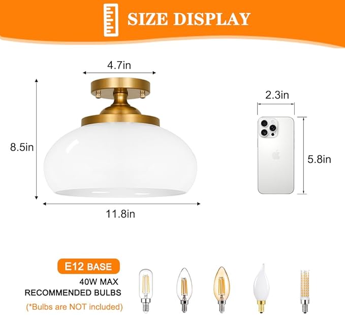 Mid-Century Gold Ceiling Light with Hand-Blown Milk Glass Shade - 12 Inch Semi Flush Mount Light Fixture for Hallway, Kitchen & Bedroom - Triple E12 Sockets for Even Illumination & Easy Installation