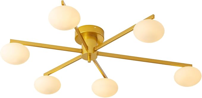 Modern Semi-Flush Mount Ceiling Light with 6 Opal Glass Shades, 39" Gold Sputnik Chandelier,Mid-Century Vintage Style, Ideal for Living Room, Dining Room, Bedroom, Cafe & Hotel