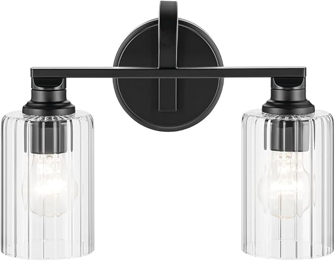 Kichler Gioe 14.25" 2-Light Bathroom Vanity Light Fixture with Clear Fluted Glass in Black, Damp Rated for Powder Room Over Mirror (14.25" W x 10.5" H), 55225BKFLU
