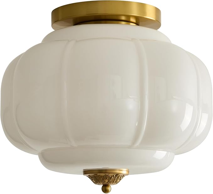 Milk Glass Ceiling Light Fixture 15 inch Semi Flush Mount Ceiling Light Mid Century Gold Modern Ceiling Lamp for Kitchen Dining Room Bedroom and Hallway(White) E26
