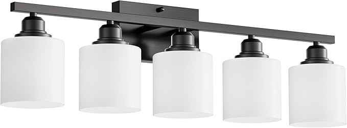 Sailstar 5-Light Bathroom Light Fixtures Over Mirror, Matte Black Vanity Lights, Modern Bathroom Vanity Light, Glass Shade & Anti-Rust Nickel Finished, Bathroom Light for Small Space