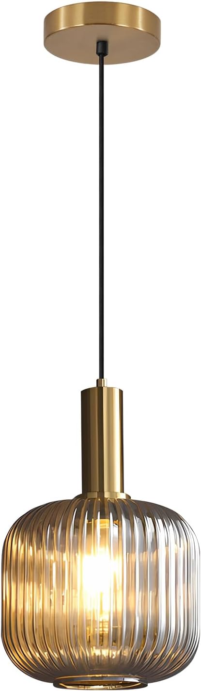 BOKT Modern 1-Light Gold Globe Pendant Light Mid Century Smoke Gray Ceiling Pendant Lighting Glass Ball Round Pendant Lamp Single Brushed Brass Pendant Light Fixture Kitchen Island (Smoke Gray)
