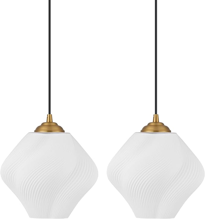 Milk White Glass Pendant Light, Mid Century Modern Ceiling Hanging Lights Fixture with Height Adjustable, Brass Gold Pendant Lighting for Kitchen Island, Hallway, Dining Room, Bedroom(2 Pack)