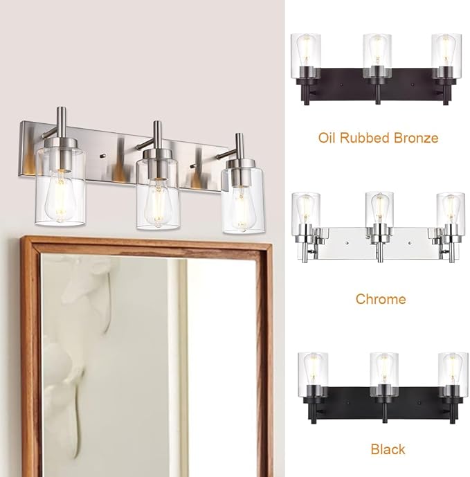 VINLUZ Vanity Bathroom Light Fixture Brushed Nickel 3 Lights Modern Wall Sconce Lighting with Clear Glass Shade Vintage Rustic Porch Wall Lamp Bedroom(Patent No.: US D958,438 S)
