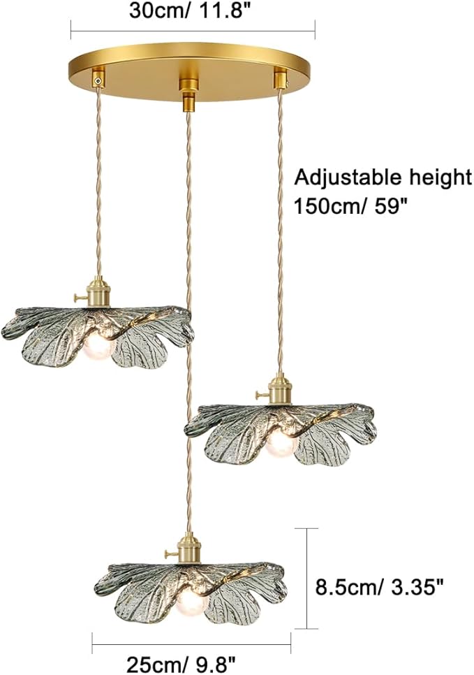 Gold Brass Chandelier 3-Light Retro Hanging Pendant Light Fixtures Dark Green Glass Shade Mid Century Modern Chandelier for Dining Room Farmhouse Living Room