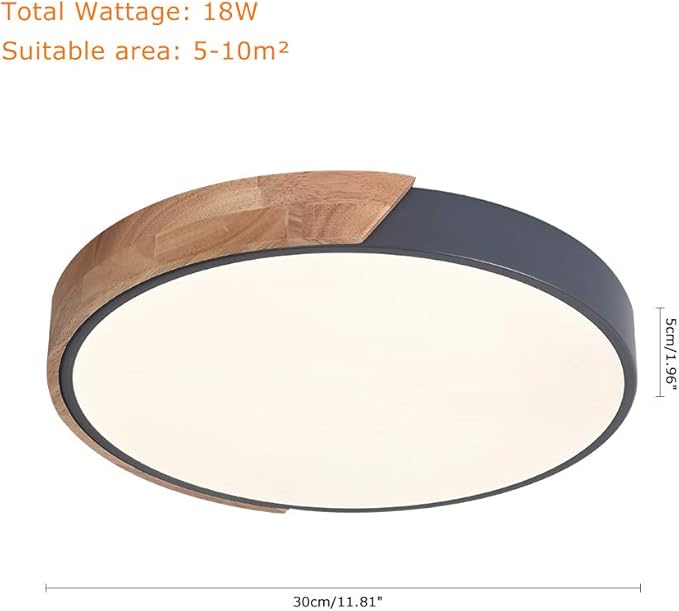 EDISLIVE Ceiling Light Dimmable 11 inch Modern Minimalist LED Round Shaped Wood & Metal & Acrylic Flush Mount Ceiling Light with Remote Control Gray