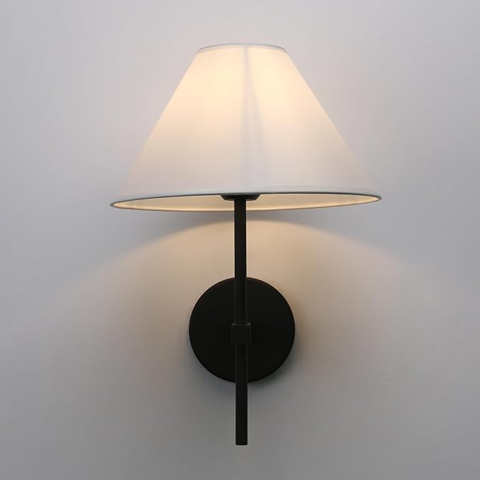 Pathson Vintage White Fabric Wall Sconce Big Cone Lampshade, Hardwired Wall Vanity Light Fixture Upwards Install, Indoor Bedside Lamp Victorian Decor for Living Room, Stairwell, Fireplace, Foyer
