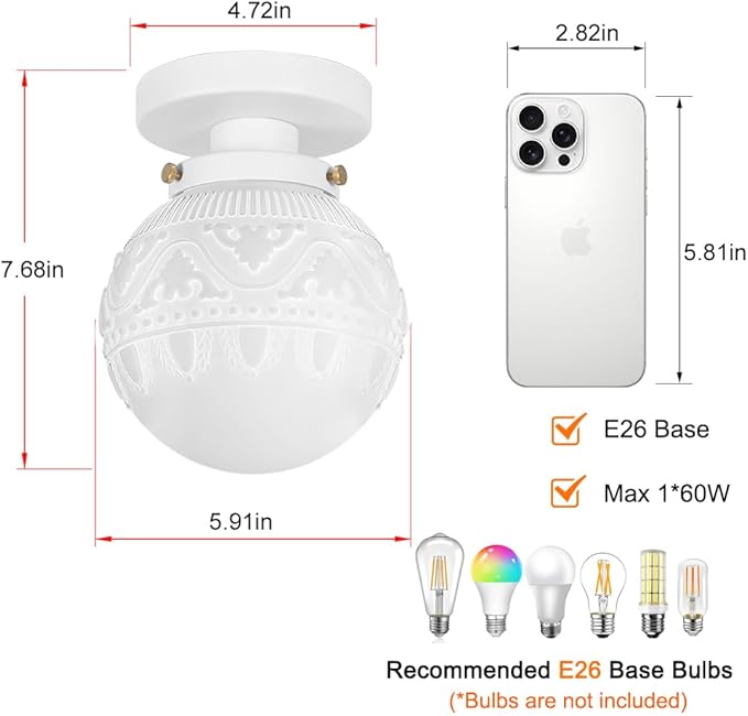 Semi Flush Mount Ceiling Light, White Hallway Light Fixture, Vintage Ceiling Lighting Fixture with Milky Glass, Globe Glass Close to Ceiling Light, Indoor Hanging Lighting for Bedroom Kitchen Porch