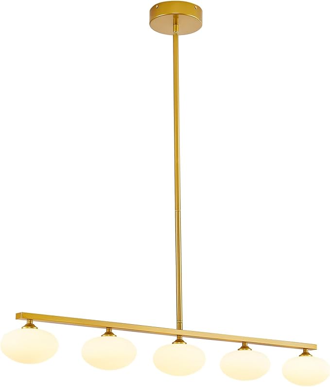 Gold Linear Chandelier, 5-Lights Kitchen Island Light, Dining Room Light Fixture Over Table, Mid Century Globe Chandelier