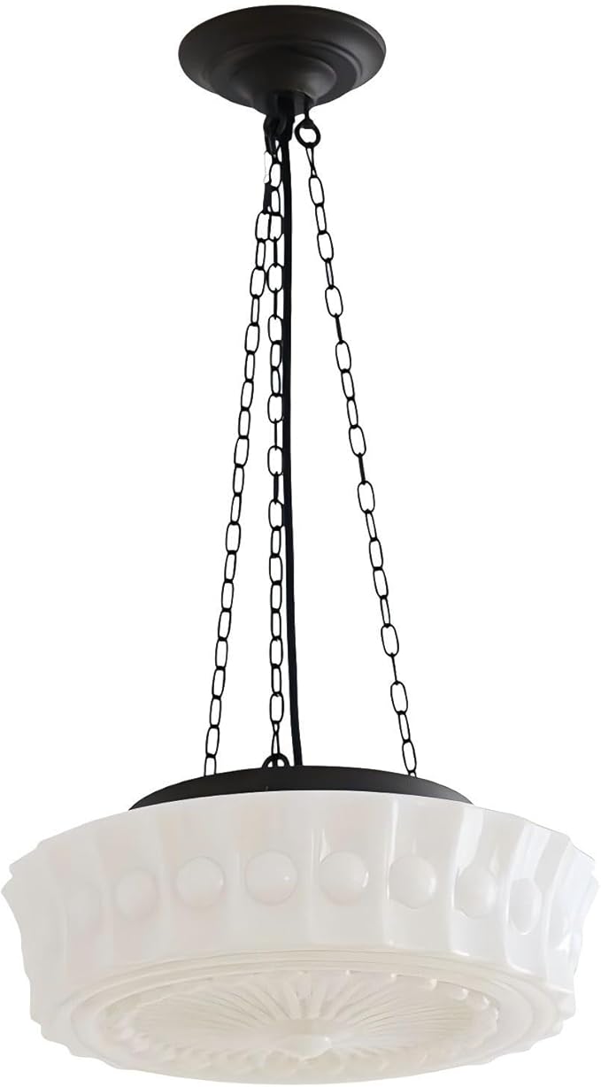 LIGHTLAND Milk Glass Pendant Light, 13.8 Inch Mid Century Semi Flush Mount Ceiling Light Fixture with 39.4 Inch Adjustable Chain, Vintage Chandelier for Bedroom, Living Room, Dining Room, Hallway