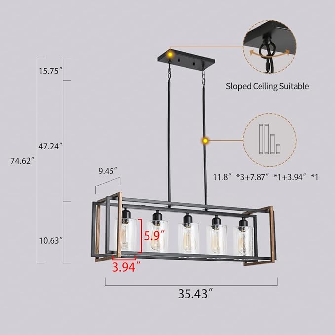 5-Light Black and Bronze Kitchen Island Lighting, Farmhouse Dining Room Light Fixtures Over Table, Linear Chandelier for Dining Room, Pool Table Pendant Light with Seeded Glass Shade
