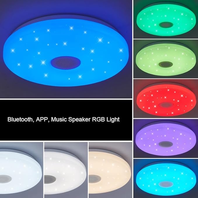 HANTANG RGB Ceiling Light with BT Speaker, 42W 14Inch Smart Music Lights Colorful Dimmable with APP and Remote Control, Color Changing Led Light Fixture Flush Mount for Bathroom Shower Bedroom