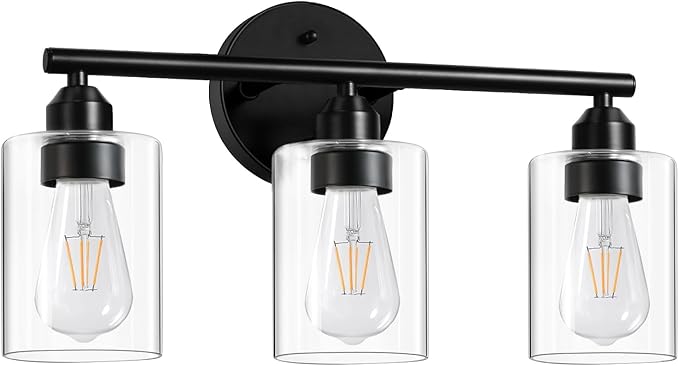 3-Light Bathroom Light Fixtures, 17.3" Black Modern Vanity Light for Bathroom Mirror, Glass Shade, Kitchen, Living Room, Bath, Metal