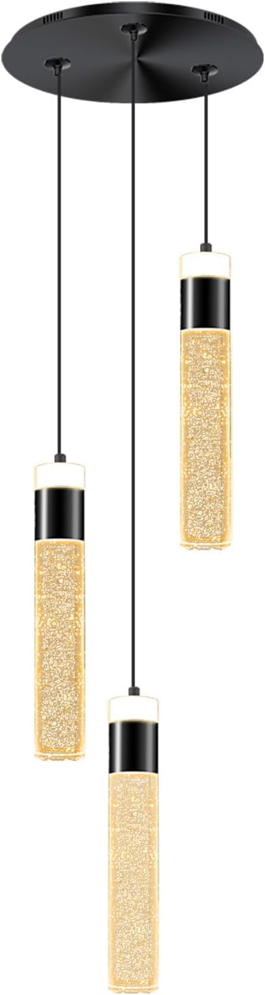 3-Light Pendant Lights Kitchen Island Black Crystal Column Chandelier Modern Dimmable LED Pendant Light for Dinning Room Living Room