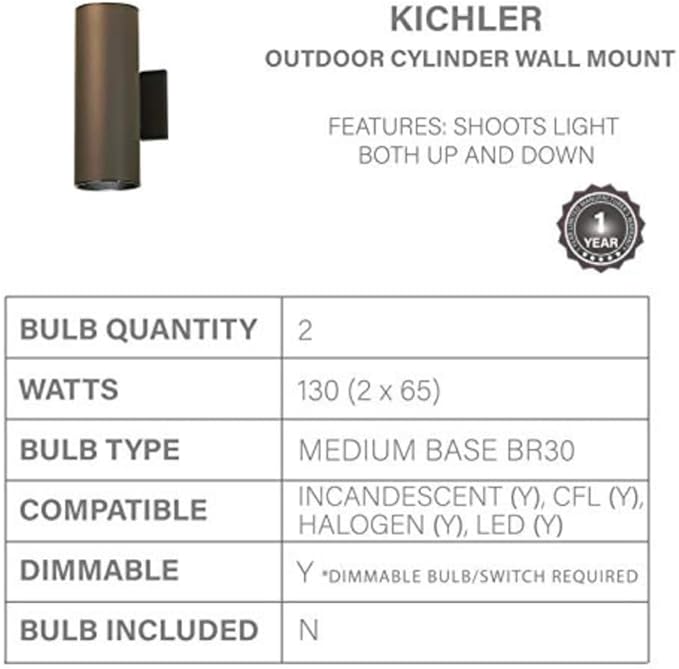 Kichler Cylinders 12" 2-Light Outdoor Cylinder Wall Sconce in Architectural Bronze, (12" H x 4.75" W), 9244AZ