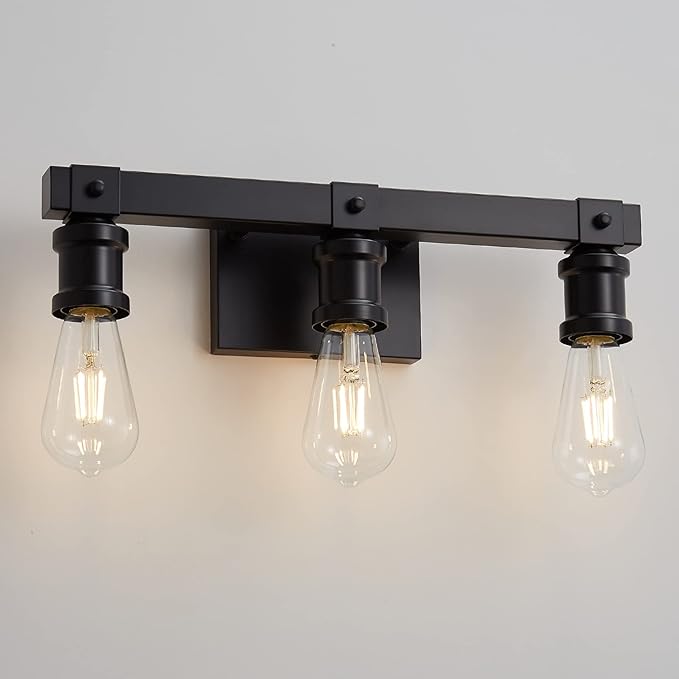 Farmhouse Bathroom Vanity Light Fixtures 3-Light Bathroom Light Fixtures Over Mirror Matte Black Vanity Light Industrial Vintage Wall Light Fixtures for Bathroom Living Room Hallway