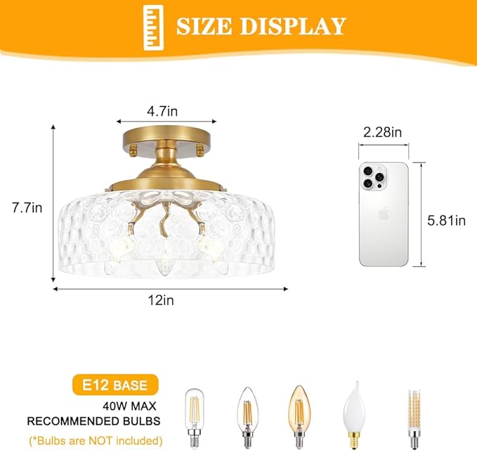 Gold Semi Flush Mount Ceiling Light, 3-Light Ceiling Light with Hammered Glass, Vintage Hallway Lights, Brass Closet Light Fixture, Kitchen Flush Ceiling Mount for Entryway Bedroom Bathroom,E12