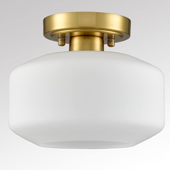 Modern White Semi Flush Mount Ceiling Light Gold Hallway Light Fixture Farmhouse Ceiling Light Opal Milk Glass Shade