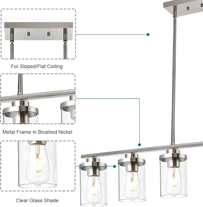 6 Light Pendant Lights Kitchen Island,Brushed Nickel Farmhouse Island Lighting Fixture Clear Glass Shade Pendant Lighting for Living Room Hallway Bedroom Dining Hall Office Bar