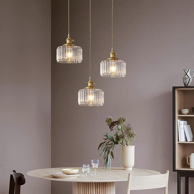 Glass Hanging Lights One-Light Vintage Pendant Light Fixtures Clear Striped Glass Shade Mid Century Modern Pendant Light Gold Brass Light Fixture Adjustable Cord for Dining Room Hallway