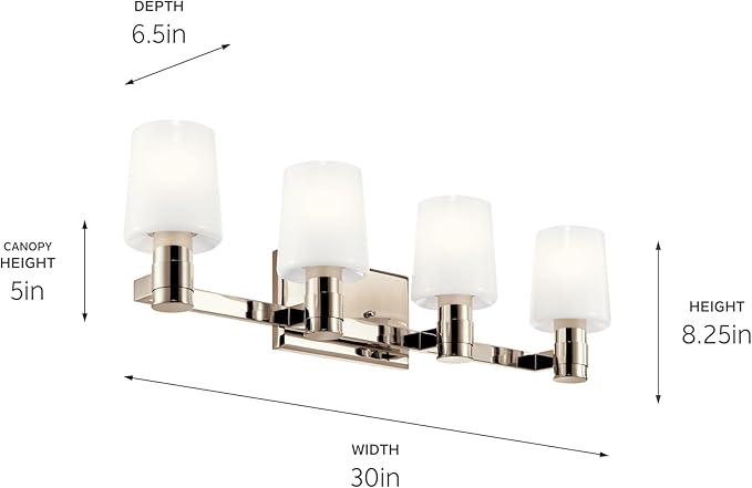 Kichler Adani 4-Light Bathroom Vanity Light Fixture with Opal Glass in Polished Nickel, Modern Wall Mount Lighting Over Mirror for Bathroom (8.25" x 30"), 55177PN