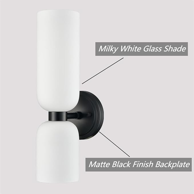 DEYNITE Black Wall Sconces Set of 2 Modern Farmhouse 2-Light Wall Light Bathroom Vanity Light,Milky White Glass Light for Bedroom, Living Room, Kitchen
