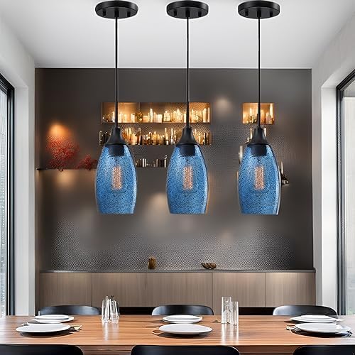 Viinew Mini Glass Pendant Light,4.72" Dark Blue Glass Hanging Light 3-Pack Handblown Clear Blue Seeded Shade Adjustable Cord Ceiling Light Fixture for Kitchen Island Sink