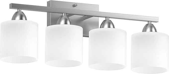Bathroom Lighting Fixtures Over Mirror, Anti-Rust Vanity Light Fixture for Bathroom, Modern 4-Light Wall Sconce Light for Living Room, E26 Base, Milky White Glass Shades, Bulbs Not Included