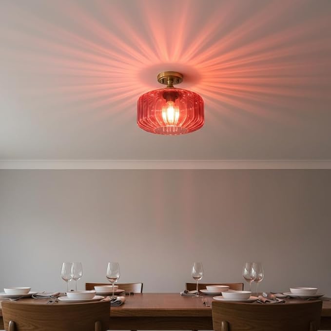 Gold Bathroom Ceiling Light Fixtures Vintage Ribbed Glass Overhead Light Flush Mount Ceiling Light 1-Light Red Chandelier Kitchen Light for Laundry Room Foyer Closet