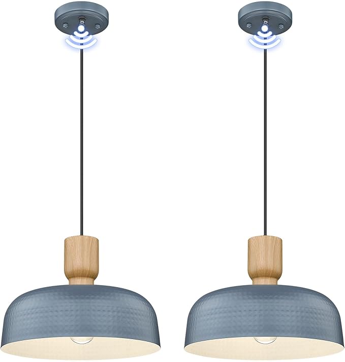Industrial Pendant Lights 2 Pack Blue, 12.4 inch Farmhouse Pendant Light with Dusk to Dawn Sensor, Adjustable Hanging Light Fixtures with Hammered Metal Shade for Kitchen Island