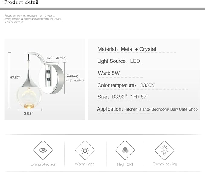 Sedelan LED Crystal Wall Sconce, Moon Modern Wall Light Fixture, 5W Dimmable Wall Lights for Bedroom Bedside Living Room Bathroom Corridor Hallway, Chrome