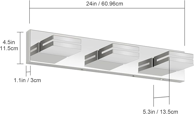 Bathroom Vanity Lighting Fixtures Over Mirror (3-Light, 24-Inch) Dimmable Modern LED Bathroom Wall Lighting Fixtures, Chrome (3000K/3500K/4000K/5000K/6000K)