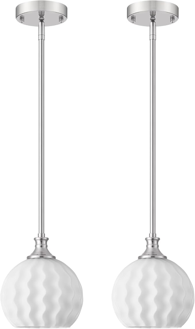 Brushed Nickel Pendant Lights Kitchen Island 2 Pack, 7.3" Modern Farmhouse Milk Glass Globe Light Fixtures with Adjustable Rods, Hanging Ceiling Lighting for Sink, Hallway (E26 Base)
