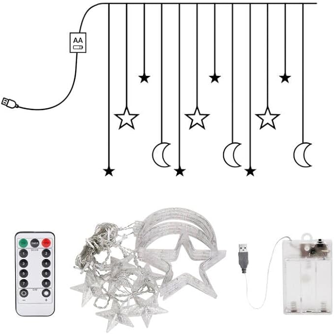 Moon and Stars Decor Curtain Lights, 11.5ft String Lights for Bedroom, Christmas, Ramadan Decor, Indoor LED Fairy Twinkle Light, Battery Operated or USB Plug-in (Warm Yellow + Remote)