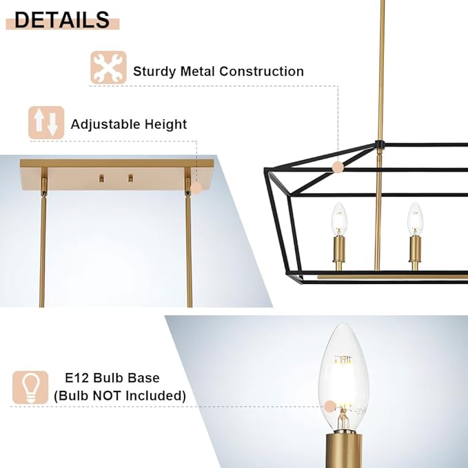 Kitchen Island Light 4-Light Linear Chandelier, Farmhouse Dining Room Pendant Lighting with Adjustable Height, Ceiling Lights Hanging Over Table