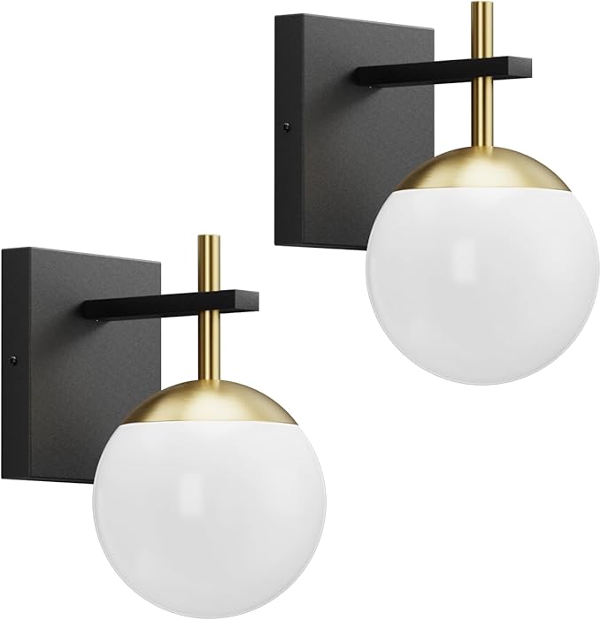 Ralbay Black Gold Indoor Wall Sconces Set of 2,Mid Century Modern Bathroom Wall Lighting Fixtures Milky Glass Wall Lamp for Bedroom Living Room Vanity Hallway,Black and Gold(Exclude Bulb)