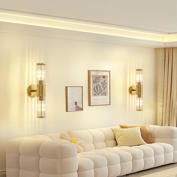 Gold Wall Sconce Bathroom Vanity Light Fixtures for Mirror, Modern Wall Light with Glass Rod Shade for Bathroom, Bedroom, Hallway, Living Room - Bulb Not Included