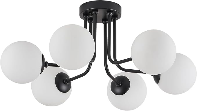 Modern Semi Flush Mount Ceiling Light,Black White Glass Shade Semi Ceiling Light 6-Light,Sputnik Chandeliers for Bedroom Living Room Hallway Dining Room Lighting Fixture