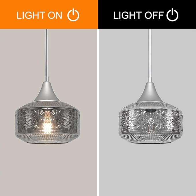 Modern Chrome Pendant Lights Kitchen Island, 9 Inch Smoke Grey Glass Pendant Light with Adjustable Hanging Rod, E26 Socket, for Kitchen Island Lighting, Bathroom, Hallway & Entryway Home Decor