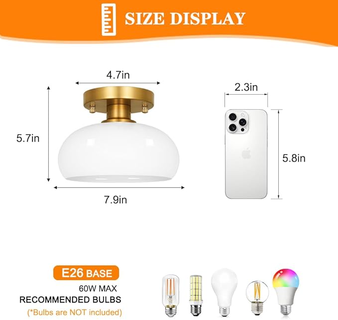 Mid-Century Gold Ceiling Light Fixture - 8 Inch Semi Flush Mount Hallway Light with Hand-Blown Milk White Glass Shade,Easy Install Close to Ceiling Lighting for Small Entryway & Kitchen