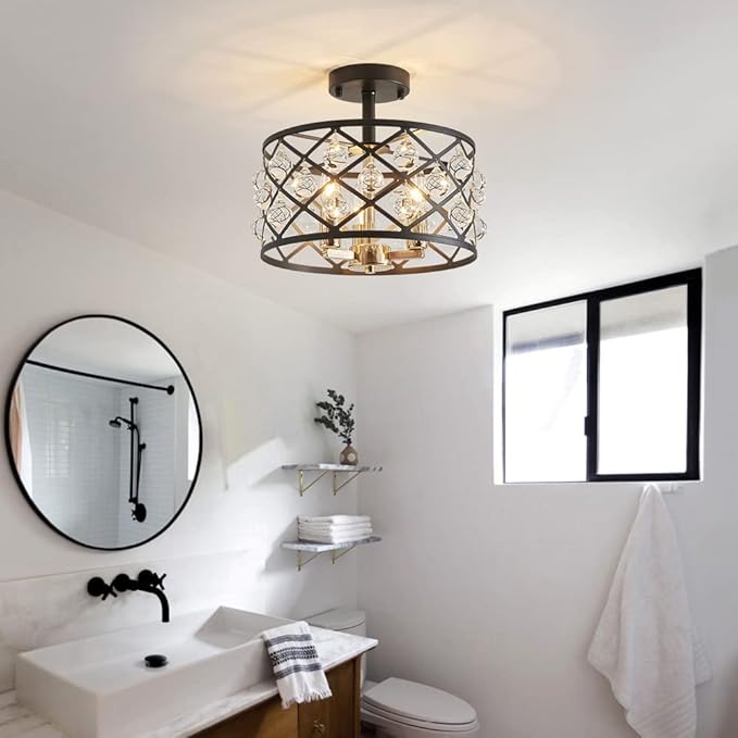 AGV LIGHTING CH013BB Farmhouse Semi Flush Mount Ceiling Light Fixture, E12 Base 3-Lights, D13 x H12, Matte Black & Light Gold Finish
