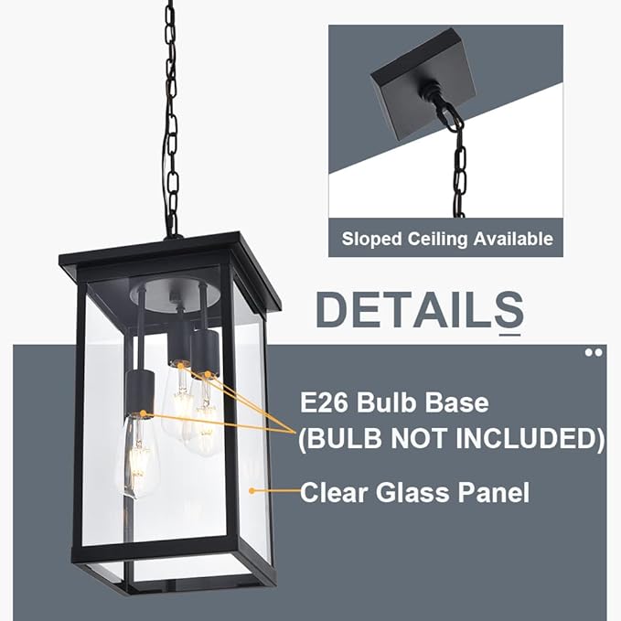 TODOLUZ 3-Light Black Outdoor Pendant Light Fixture, Adjustable Exterior Hanging Lantern Porch Light