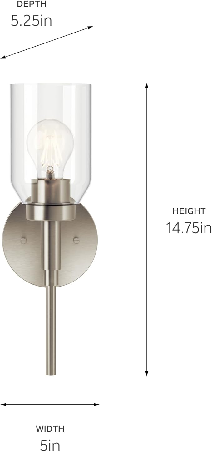 Kichler Madden 1-Light Bathroom Wall Sconce with Clear Glass in Brushed Nickel, Modern Vanity Light Fixture for Bathroom or Hallway, Sloped Ceiling Compatible (14.75" x 5"), 55183NI