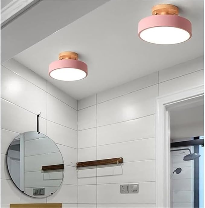 KISAD Nordic Modern and Minimalism Round Ceiling Lights Acrylic Shade Semi Flush Mount Ceiling Lamp Iron Frame Three-Color Mode Ceiling Light Fixture for Bedroom Living Room Entryway(Pink)