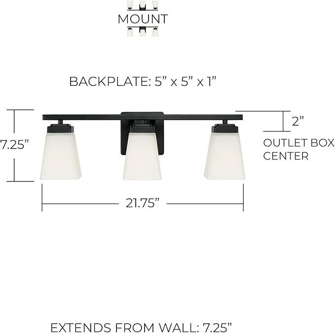 HomePlace Lighting 114431MB-334 Baxley Modern Soft White Glass Bathroom Vanity Wall Light, 3-Light 300 Total Watts, 7" H x 22" W, Matte Black