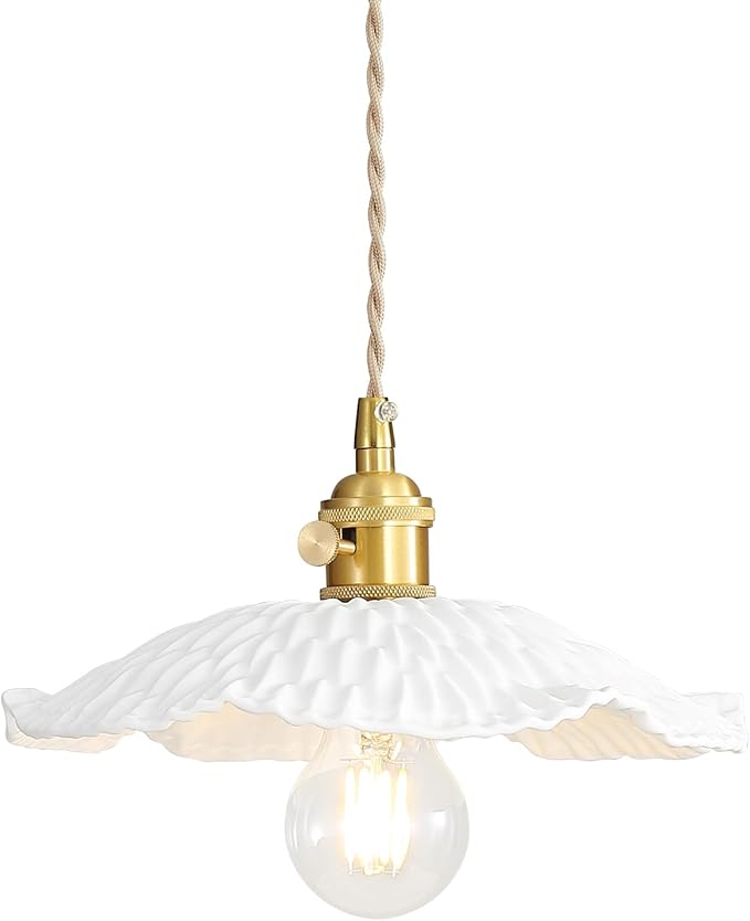 Pendant Lights Kitchen Island with Scalloped Ceramic Lampshade, Brushed Brass Pendant Light Fixture, Vintage White Hanging Light for Living Room Bedroom Dining Room Over Table