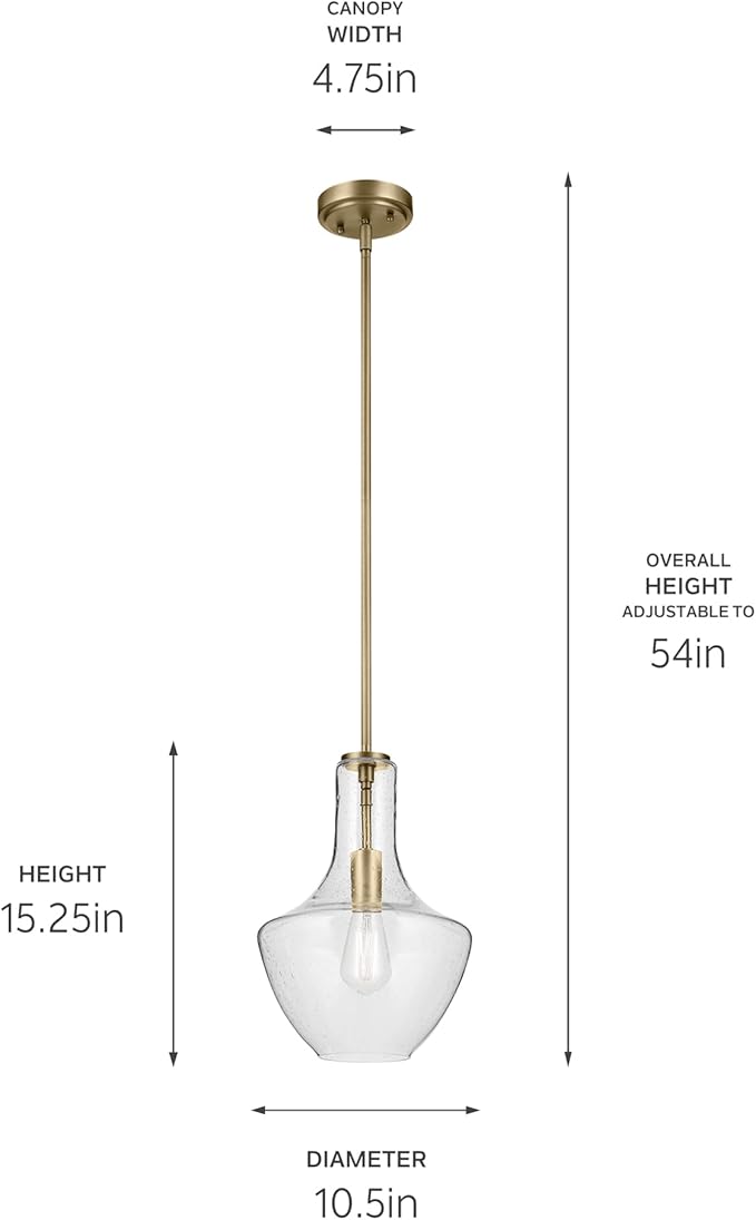 Everly 15.25" 1-Light Bell Pendant with Clear Seeded Glass in Brushed Natural Brass, for a Kitchen Island, Dining Nook, or Home Bar, (15.25" x 10.5") 42141NBRCS
