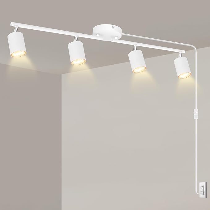 Track Lighting Plug in, LED Track Lighting Fixtures Ceiling Kit, White 4-Light Ceiling Light Plug-in, Wall Light with 14.8ft Power Cord, Rotatable Kitchen Spotlight for Bedroom(GU10 Socket, NO Bulb)