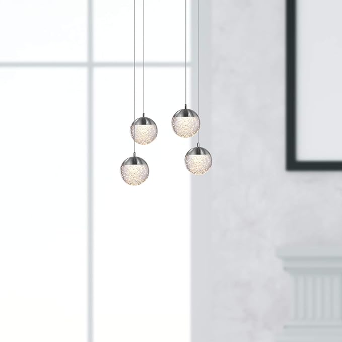 contec development Galaxy 4 Mini Pendant Crystall Ball Lighting Nickel - LED Hanging Light Fixture: Kitchen Island, Bar, Foyer - Cluster Pendants - Dimmable, Adjustable Wire, Lamp Bulb Included
