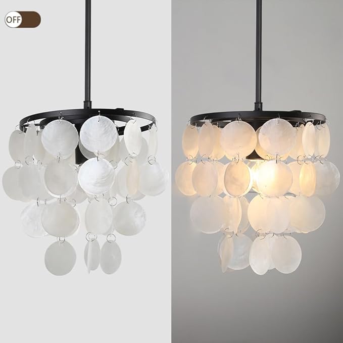 14.76ft Capiz Shell Pendant Light Fixture, 7.87” 1-Light Plug in Shell Black Chandelier with ON/Off Switch for Kitchen Island, Dining Room, Bedroom Room, Living Room